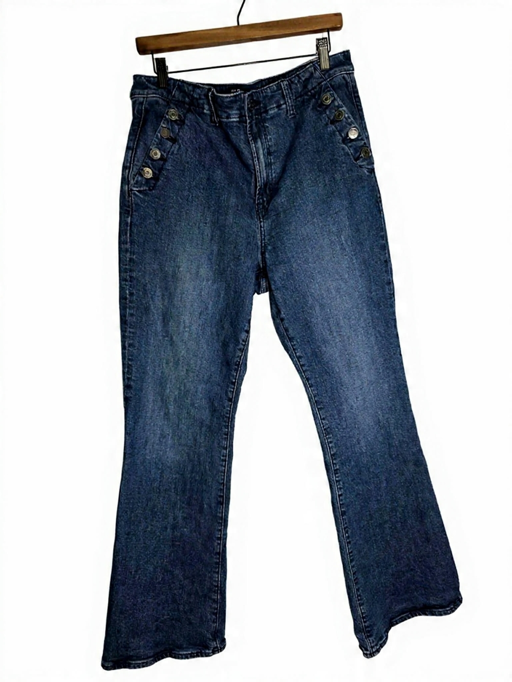 GAP Dark Blue Flare Jeans with Button-Detail Pockets 70's Vibe Boho
